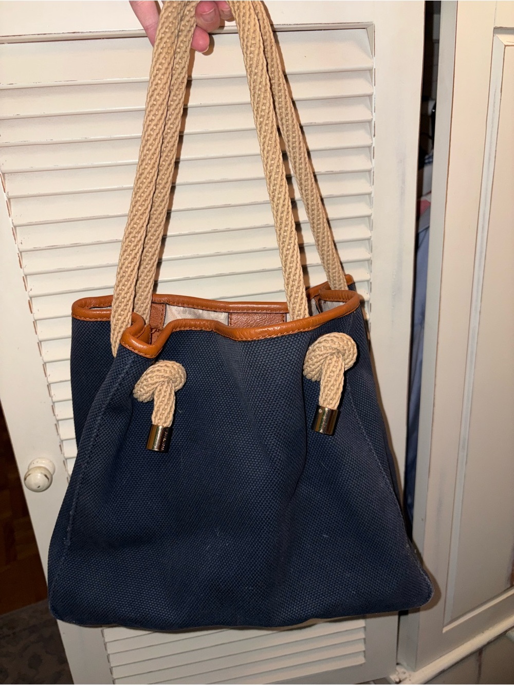 Michael Kors Navy Canvas Tote with Tan Rope Handles